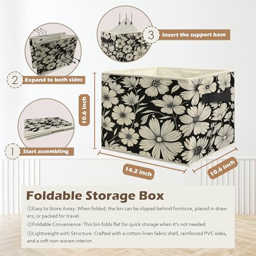 Black and White Floral Storage Box Bins, Vintage Botanical Daisy Flower - Image 3