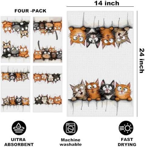 Jztco 4 Pcs Cute Cat Kitchen Towels, Funny Cats Absorbent Hand Tea Towel - Image 2