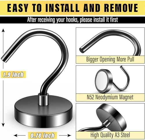 6 Pack Magnetic Hooks Large Opening, 40LBS Neodymium Magnet Hooks - Image 2