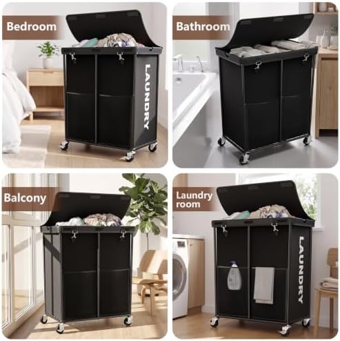 Laundry Hamper with Wheels and Lid, 225L Large Rolling Laundry Basket Black - Image 6
