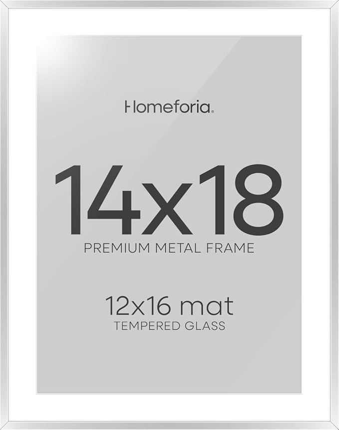 Homeforia 14x18 Picture Frame Silver, High End Metal 14x18 Frames with Mat 12x16 for Photo, 14 x 18 Silver Poster Frame Matted to 12 x 16 Print, 18x14 Hanging Frame, Tempered Glass, Wall Kit, Set of 1