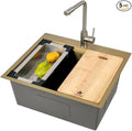 STARSTAR Workstation Ledge Topmount/Drop-in Single Bowl Satin Matte Stainless Steel Kitchen/Yard/Bar/Laundry/Office Sink, With Grid, Colander, Cutting Board, Strainer (23x20x9 Gold)