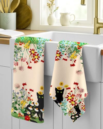 Miss Adola 150GSM Flour Sack Kitchen Towels Set of 2, Flower Cats - Image 2
