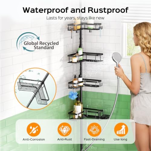 HAMITOR Shower Caddy Tension Pole: Corner Bathroom Organizer - Image 2