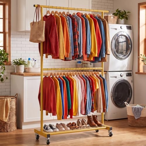 Sywhitta Double Rod Metal Clothing Rack on Wheels - Image 4