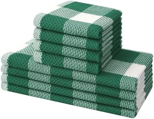 Mordimy 8 Pack Kitchen Towels and Dishcloths Set, Dark Green & White by Mordimy