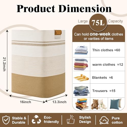 Laundry Hamper, 75L Tall Laundry Basket - Image 3
