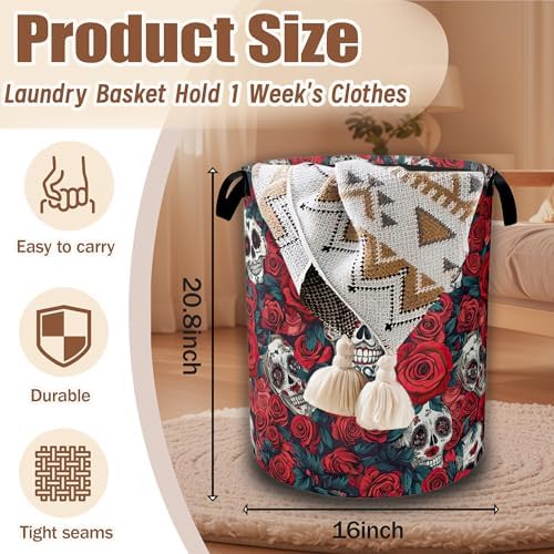 Skull Red Rose Laundry Hamper, Flowers Skeleton Laundry Baskets, Waterproof - Image 2