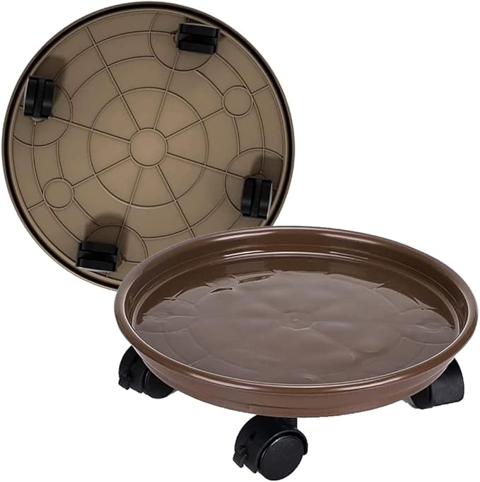 2 Pack Plant Caddy With Wheels 12inch,Round Potted Rolling Plant Stand With Wheels Heavy Duty Flower Pot Rack on Rollers Dolly Trolley Saucer Tray Pallet with Universal Wheels (12inch, Brown)