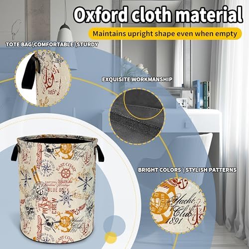 Anchor Compass Laundry Basket Foldable Waterproof Hamper 18.9 x 16.5 Inch - Image 3