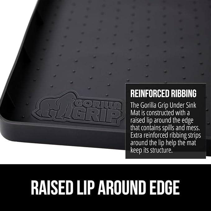 GORILLA GRIP Waterproof Silicone Under Sink Mat with Raised Lip for Kitchen and Bathroom, Cabinet Shelf Liner Stay in Place Mats Dishwasher Safe Drawer Liner, Organizer Tray, 19 x 34 in, Black