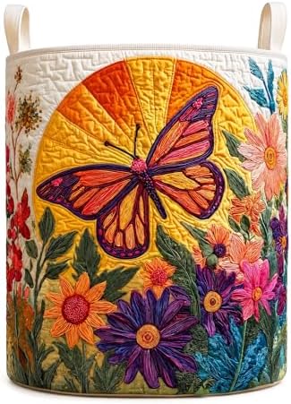Quilted Laundry Basket with Handles, Boho Floral Quilted Storage Hamper by Unknown