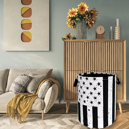 Black White US Flag Laundry Basket Oxford Cloth Foldable Hamper 18.9x16.5In - Image 7