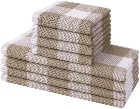 Mordimy 8 Pack Kitchen Towels and Dishcloths Set, Khaki & White by Mordimy