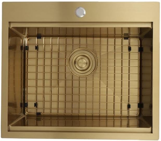 STARSTAR Workstation Ledge Topmount/Drop-in Single Bowl Satin Matte Stainless Steel Kitchen/Yard/Bar/Laundry/Office Sink, With Grid, Colander, Cutting Board, Strainer (23x20x9 Gold)
