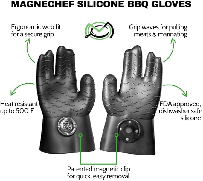 MagneCHEF Magnetic BBQ Grill Gloves – Heat Resistant, Patented Magnetic Safety Clip Easy On & Off, Firefighter-Designed, Dishwasher-Safe, Waterproof, Perfect for Grilling, Smoking, Frying, Baking