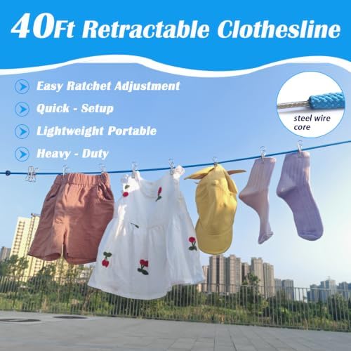40FT Retractable Clothesline Outdoor 1/4" Polyester Coated Steel Core Rope - Image 2