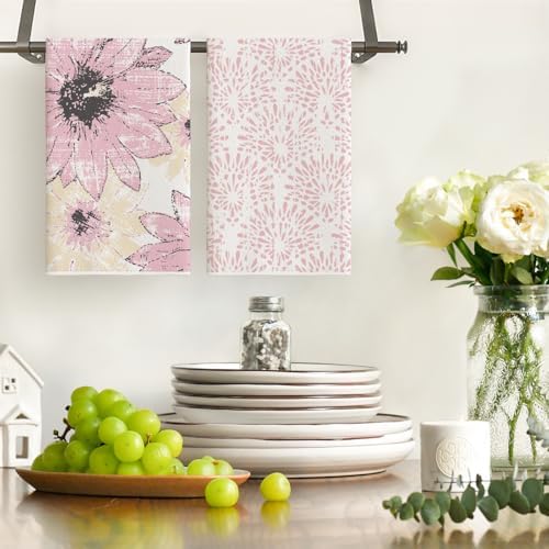 Artoid Mode Pink Floral Leaves Boho Kitchen Towels Dish Towels, 18x26 Inch - Image 2