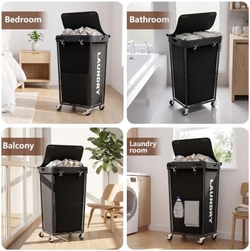 Laundry Hamper with Wheels and Lid, 110L Large Rolling Laundry Basket Black - Image 6
