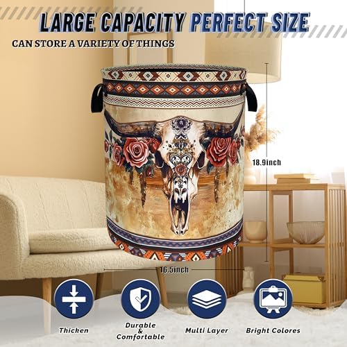 Longhorn Cattle Laundry Basket Oxford Cloth Foldable Hamper 18.9x16.5 Inch - Image 3