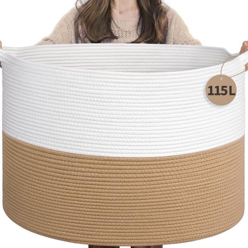 INDRESSME 115L Extra Large Woven Rope Blanket Basket Living Room by INDRESSME