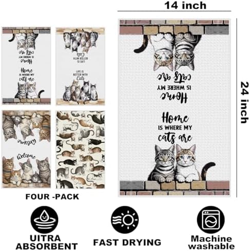 4 Pcs Cute Cat Kitchen Towels 24x14 Inch, Cats Gifts Absorbent Hand Towels - Image 2