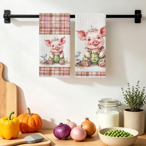 Jztco 2 Pcs Cute Pig Kitchen Towels, Plaid Pink Soft Absorbent Hand Towels - Image 4