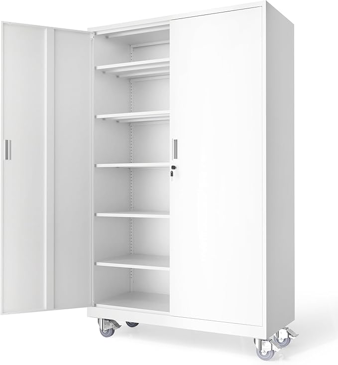 VINGLI Large Metal Storage Cabinet with 2 Doors and 5 Adjustable Shelves, Upgraded Height & Wide & Deep, 43''W x 20''D x 72''H, Oversized Garage Storage Cabinet with Wheels and Locks (White)