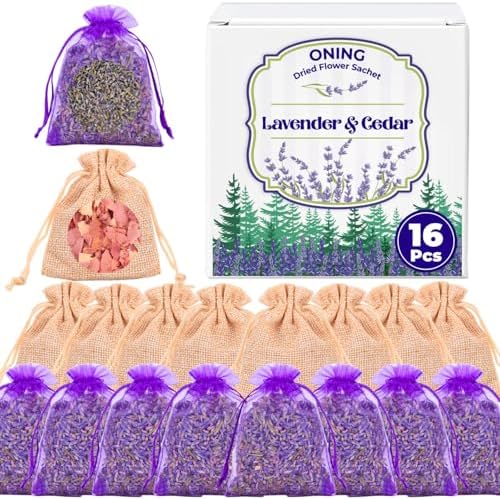16 Pack Lavender Sachet Bags & Cedar Chips Set Real Dried Lavenders Flowers by Oning