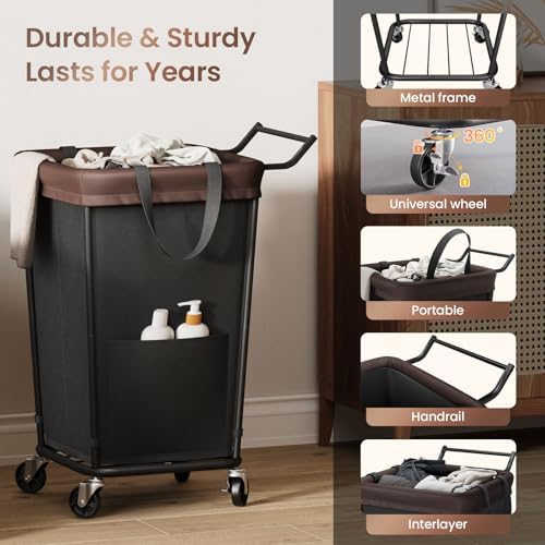 160L Laundry Hamper with Wheels and Handle, 2-Section Rolling Hamper - Image 6