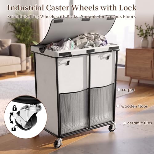 Laundry Hamper with Wheels and Lid, 225L Large Rolling Laundry Basket White - Image 3