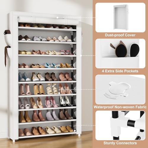 VILICK Shoe Rack with Cover Narrow Shoe Organizer with Pockets 10 Tier Tall - Image 4