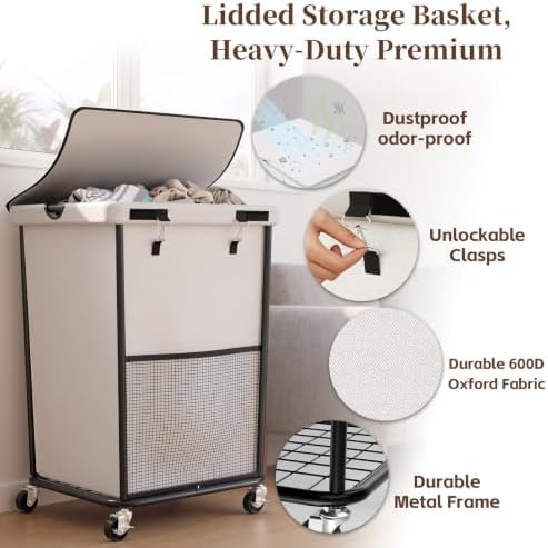 Laundry Hamper with Wheels and Lid, 150L Large Rolling Laundry Basket White - Image 4
