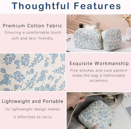 RSRSLEII 2Pcs Quilted Cotton Makeup Bag Set, 21 Blue Flowers Set - Image 4
