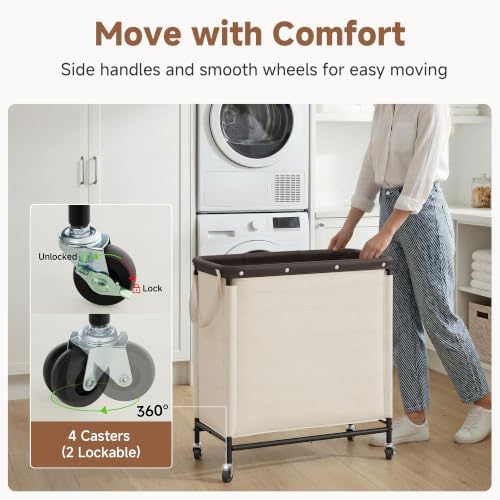 StorageWorks 3 Section Laundry Hamper, 120L Beige Sorter Cart - Image 3