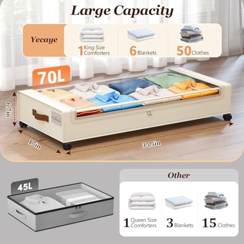 Yecaye Under Bed Storage with Wheels 2 Pack, 70L Larger Capacity Under Bed - Image 2
