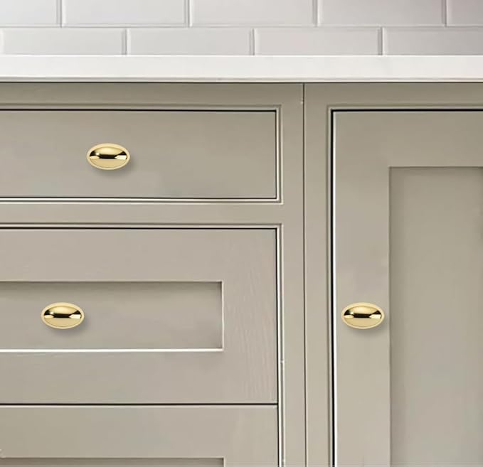 khtumeware 2 Pack 1-3/8 inch(35mm) Polished Brass Cabinet Knobs Dresser Knobs Oval Unlacquered Brass Drawer Knobs Kitchen Cabinet Hardware Egg Knobs for Dresser Drawers