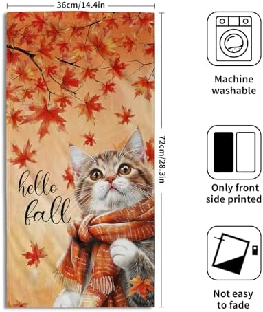 Hello Fall Hand Towel Autumn Cat Maple Leaves Kitchen Towels Set of 2 Soft - Image 2