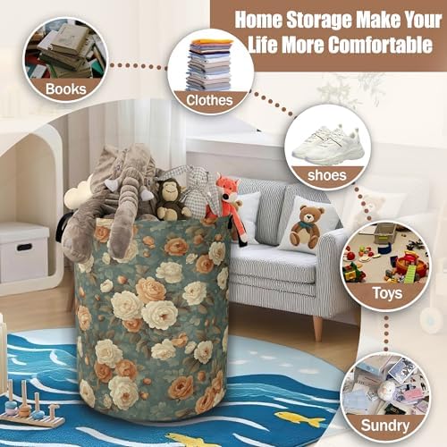 Vintage Rose Flower Laundry Hamper, Retro Floral Collapsible Laundry Baskets - Image 3
