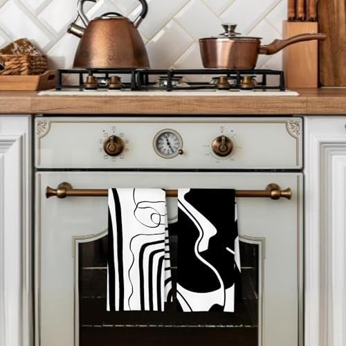 Abstract Black and White Kitchen Towels Set of 2, Modern Minimalist Wavy Line - Image 3