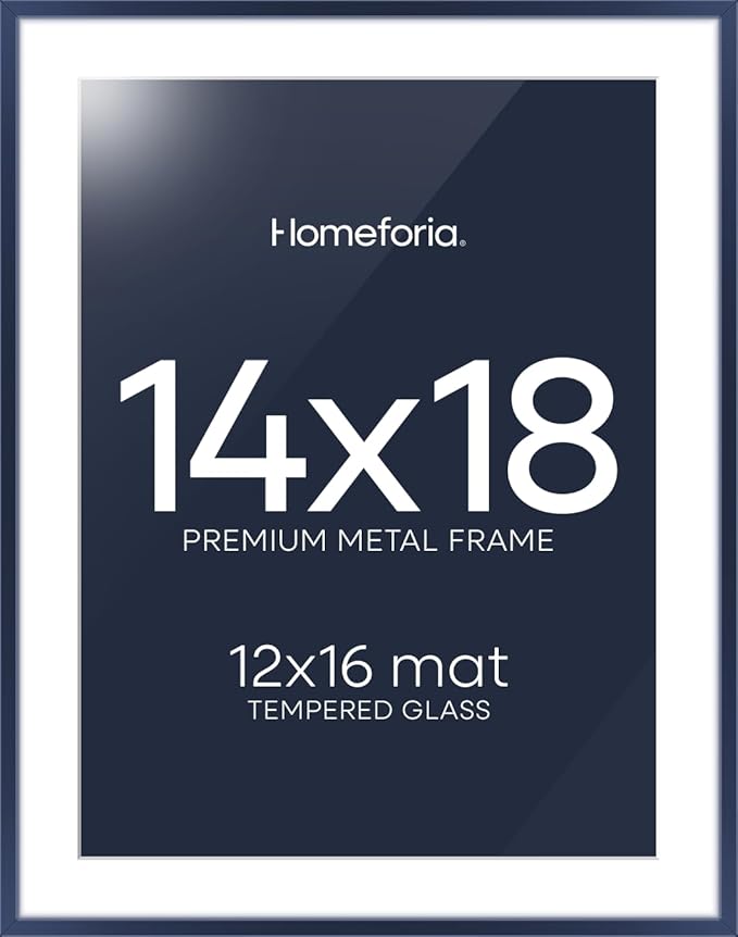 Homeforia 14x18 Picture Frame Navy Blue, High End Metal 14x18 Poster Frames with Mat 12x16 Photo, 14 x 18 Navy Blue Frame Matted to 12 by 16 Print, 18x14 Thin Frame, Tempered Glass, Wall Kit, Set of 1