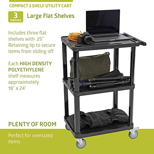 Pearington 3-Tier Compact Multi-Purpose Plastic Utility Cart with Lockable Wheels up to 300LBS, Black