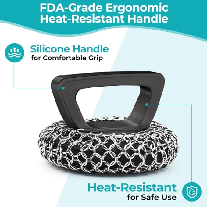 Amagabeli Cast Iron Cleaner with Handle Stainless Steel Chainmail Pan Scrubber for Cast Iron Skillet Cleaner Chain Mail Scrubber Brush Pan Pot Wok Griddles BBQ Grills