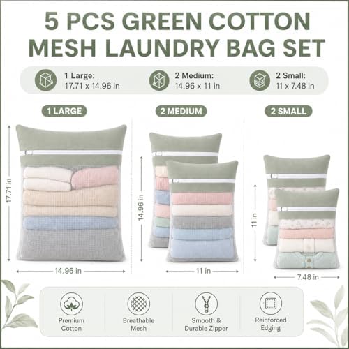 Green 5-piece set in bags, durable cotton mesh laundry bags, sturdy zipper - Image 2