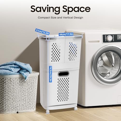 2 Tier Rolling Laundry Hamper Sorter, Portable Plastic Laundry Hamper Basket - Image 3