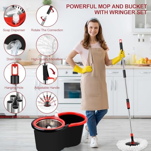 Spin Mop and Bucket with Wringer Set, 360° Spinning Mop Bucket System with 3 - Image 7