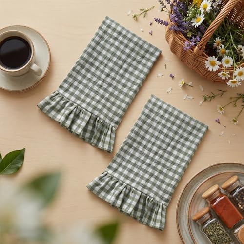 HunnmingRe 2 Pcs Sage Green Gingham Kitchen Towels Cotton Ruffled - Image 3