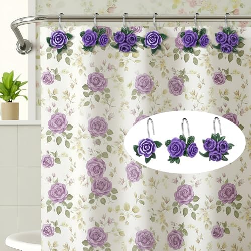 Amyhill 12 Pcs Purple Rose Shower Curtain Hooks Cute Purple Rose Decorative - Image 4