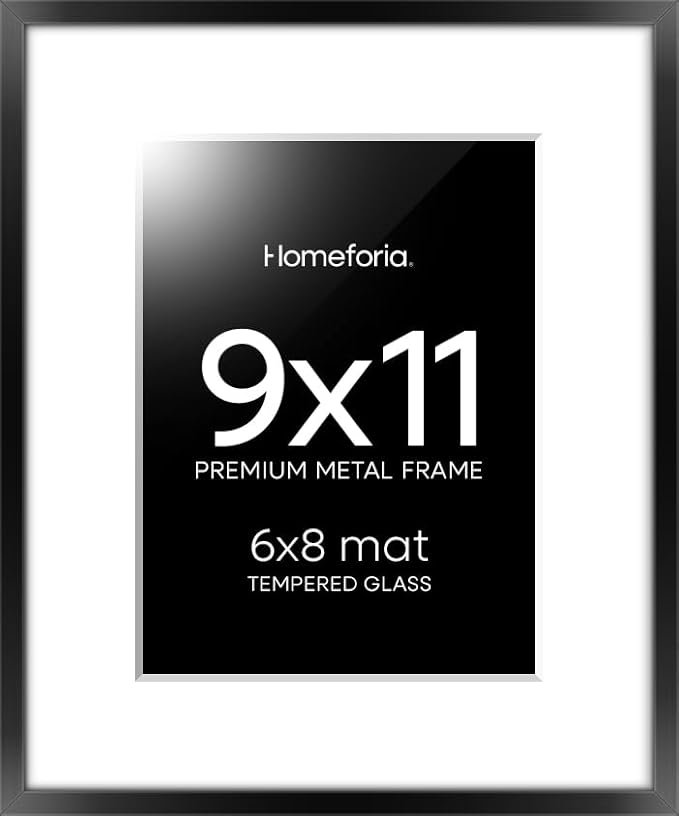 Homeforia 9x11 Picture Frame Black, High End Metal 9 x 11 Poster Frames with Mat 6 by 8 inch Photo, 9by11 Frame Matted to 6x8 in Print, 11x9 Wall or Tabletop Frames, Tempered Glass, Wall Kit, Set of 1