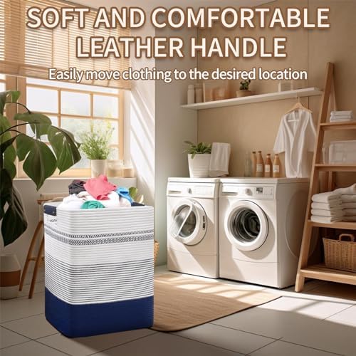 DOFASAYI Laundry Hamper, 85L Cotton Rope Laundry Basket, Dark Blue & White - Image 6